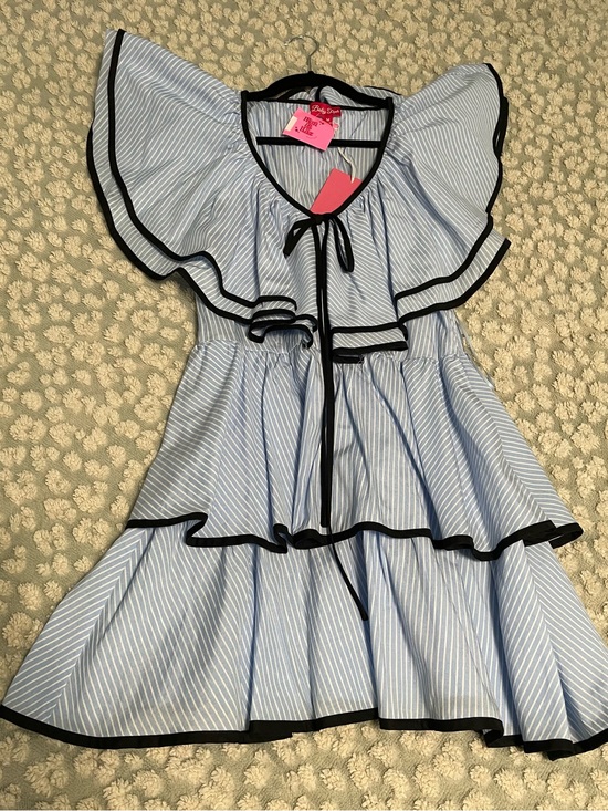Baby Pink Dresses & Skirts - Striped Light Blue Mini Dress with Black Trim - Feminine Ruffle Silhouette